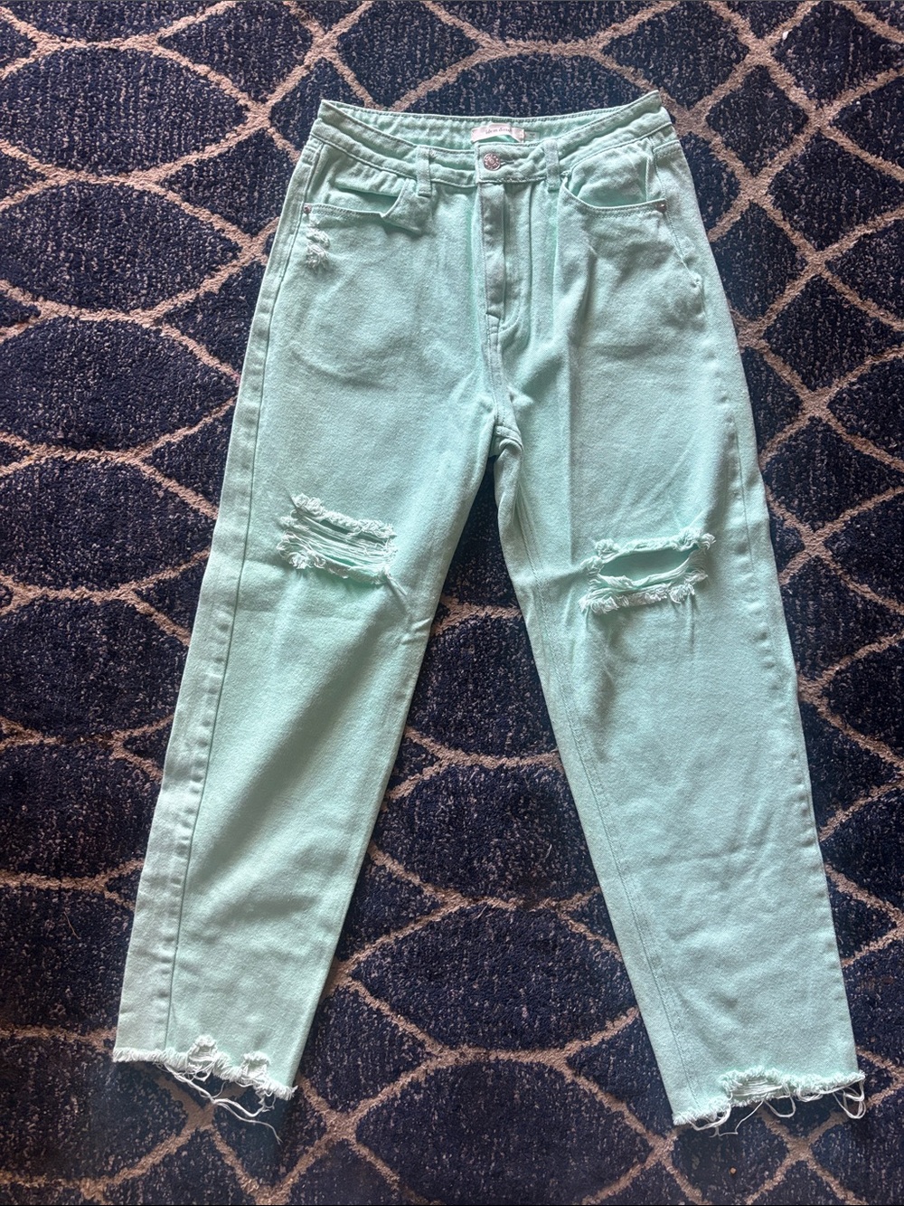 Relaxed Boyfriend Jeans in Mint Green with Distressed Knees